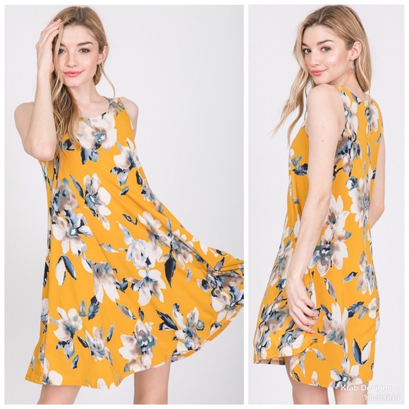 ❤️LAST 1! Mustard Floral Pocket Swing Dress! - Picture 4 of 5